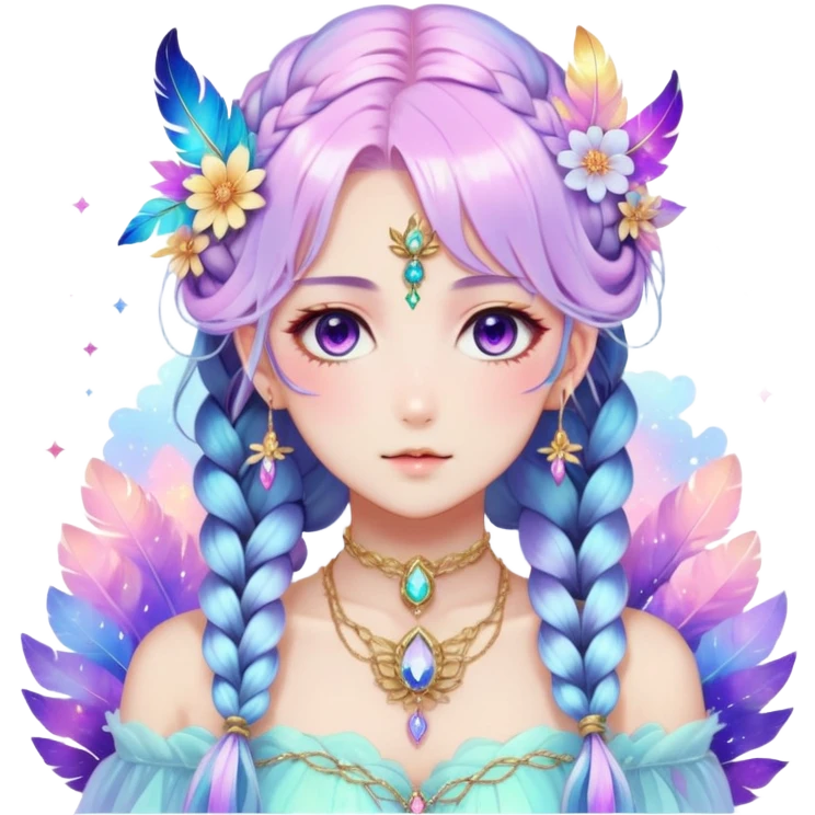 Beautiful gorgeous anime lady with beautiful iridescent-nebula-braided-hair, fashion aesthetic, ethereal, fairycore, pastelcore, feathers, flowers, gems, accessories, jewelries, gold, colorful emoji