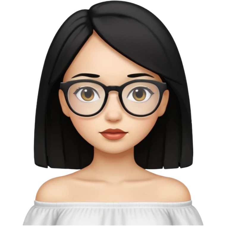 A light skinned girl with straight black hair on shoulder length wearing a white off shoulder and glasses emoji