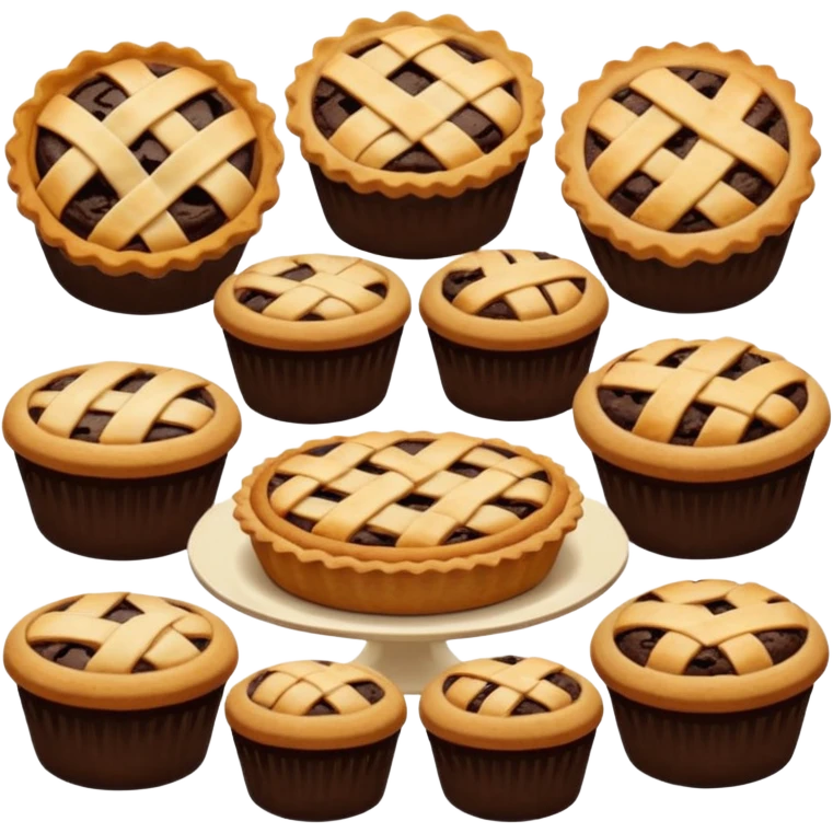 Baking community avatar in clean emoji-style illustration. Pies, cookies, and muffins grouped together, warm golden tones, simple shapes, flat design, high contrast, cozy and friendly. emoji