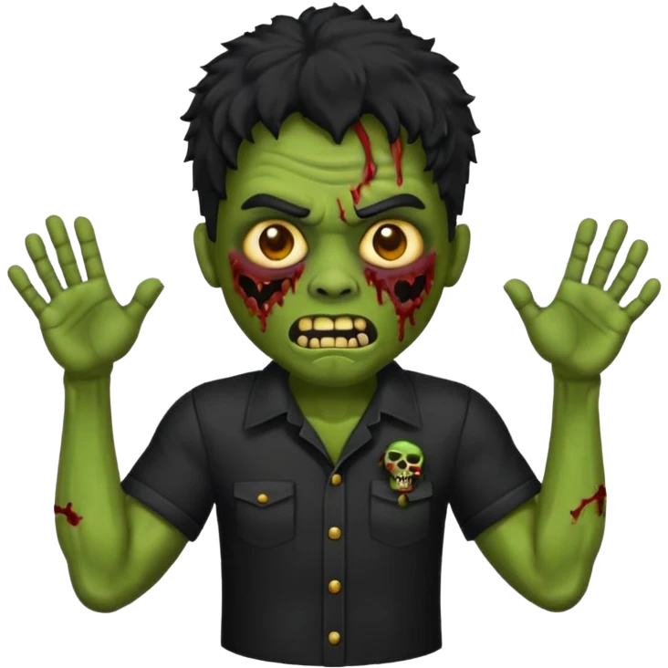 Emoji masculino de zumbi estilo iPhone,com cabelo ondulado grande e preto, camisa preta e brincos emoji
