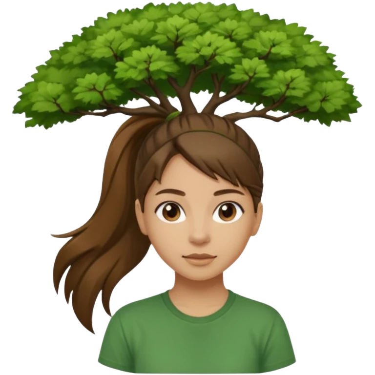 Make a zumba coach emoji, brown eyes, brown hair girl, green shirt withe "the roots" on it, longer pony tail hair, add the tree logo for the roots remove tree from background emoji