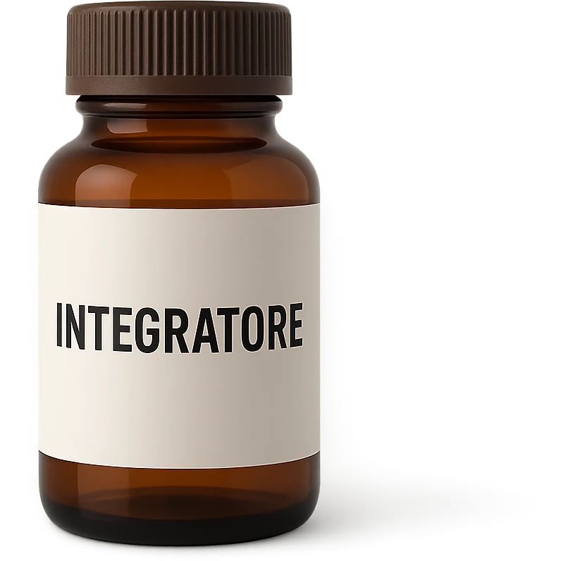 boccetta di integratore con la scritta "INTEGRATORE" SULL'ETICHETTA emoji