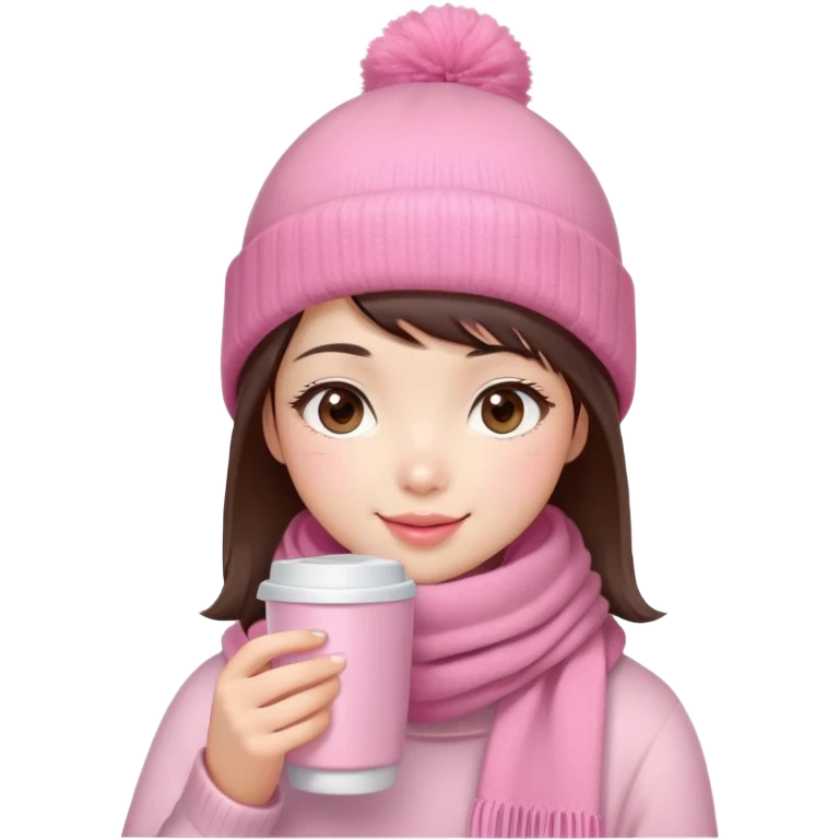 Cute East Asian girl, soft fair skin, big brown eyes, long lashes, natural pink lips, inward brown bob with straight bangs. Wearing pink beanie and scarf, rosy cheeks, shy smile, holding warm drink, snow,  emoji