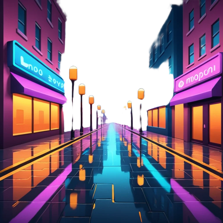 Empty neon-lit city streets glowing at night, white light reflecting sharply on wet pavement emoji
