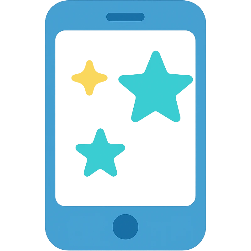 Smartphone icon with three stars, flat emoji style, outline with blue and turquoise colors, screen filled solid white emoji