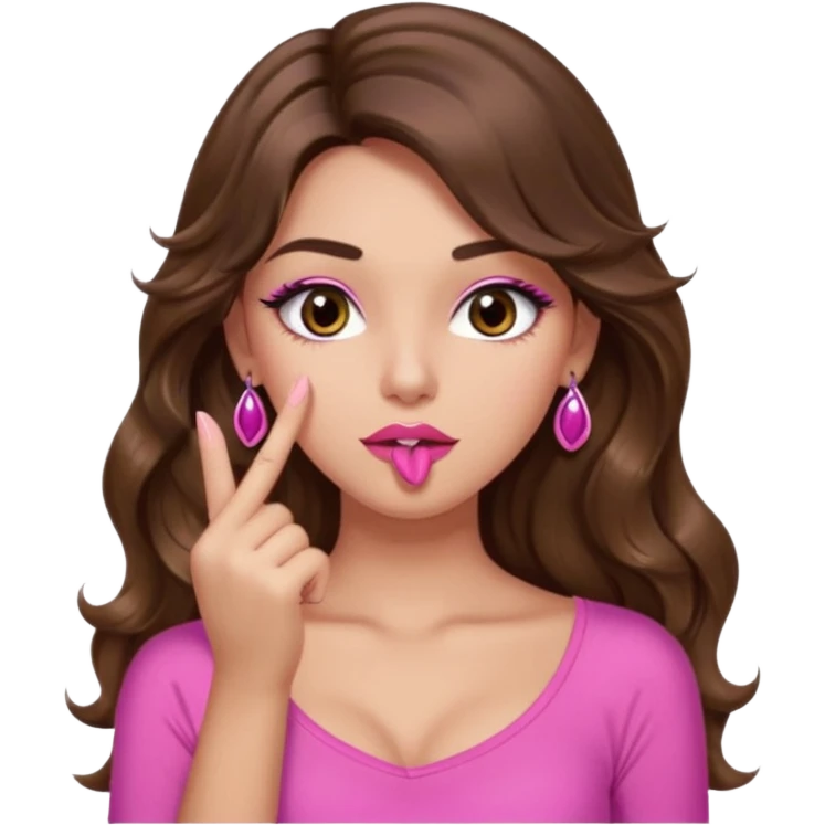 girl with long wavy brown hair, brown eyes, light to medium complexion, in a pink sexy top, pink lips, long lashes, shushing with one finger on the lips emoji
