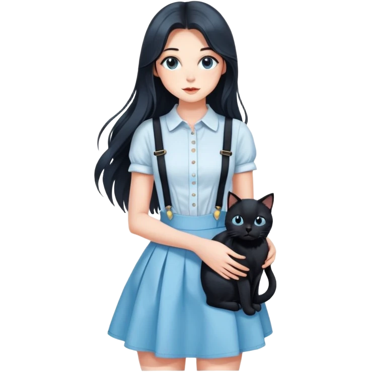 A sexy girl with long hair wearing a light blue suspender skirt holding a black cat emoji