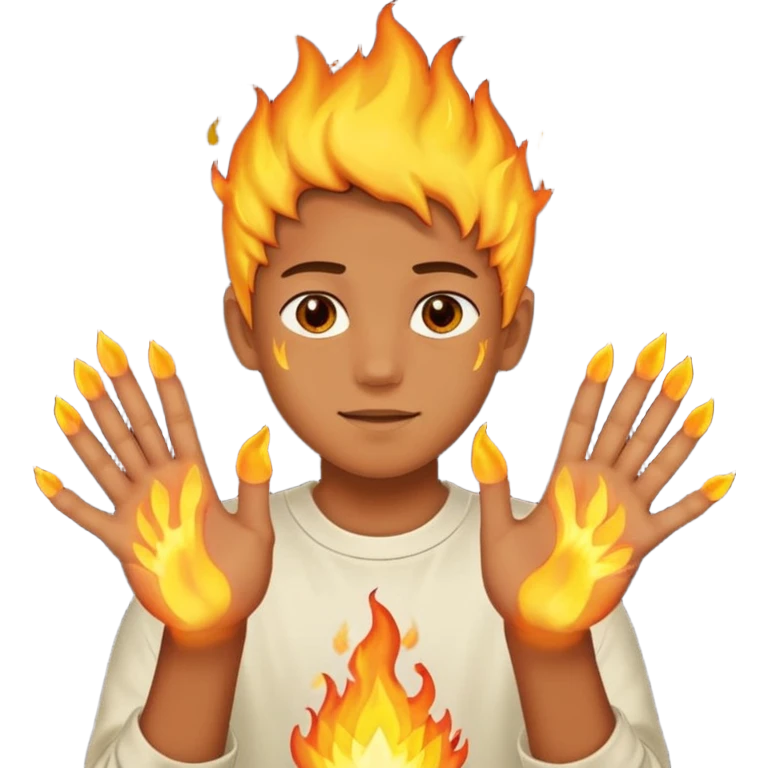 A boy with his entire hands made out of fire emoji