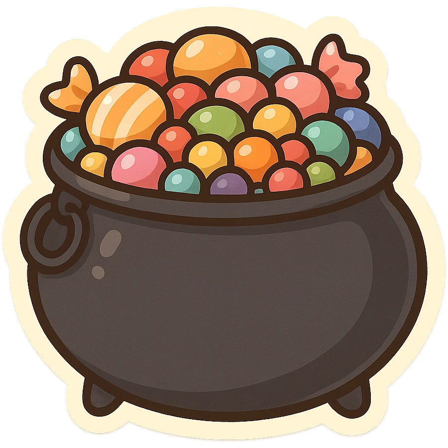 一口坩埚，锅里面装着许多彩色的糖果 emoji