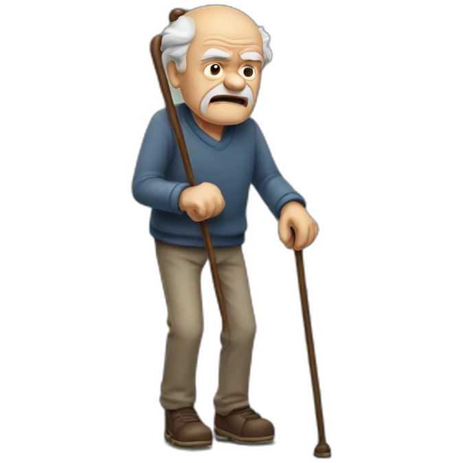 Old man leaning on a walking cane and holding his crancky back with his hand, grumpy face, detailed emoji