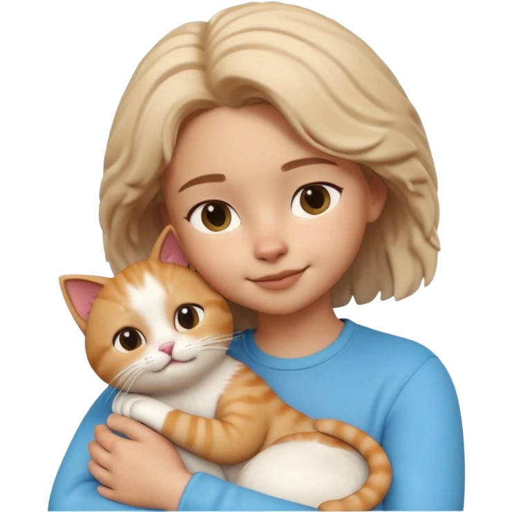 "Apple Memoji style 3D character, a young person gently petting and hugging a cute fluffy cat, peaceful and happy facial expressions, soft studio lighting, clean 3D clay render, vibrant colors, minimalist aesthetic, high detail, high resolution, isolated on a plain white background." emoji