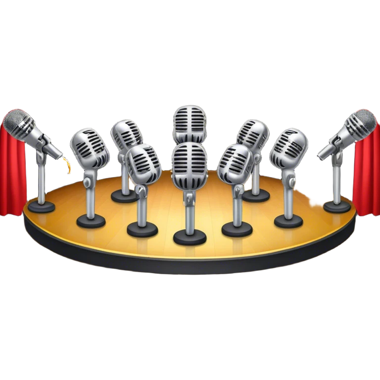 Create a vibrant and dynamic emoji that represents choral vocal performance. The design should feature 10 vintage stage microphones arranged in a semi-circle on a concert stage, symbolizing a vocal group or choir. Add musical notes flowing around the microphones to represent harmony and unity in the performance. Include concert lighting and a celebratory atmosphere to convey the excitement of live music. Use bright, bold colors like red, gold, and silver to emphasize the energy and glamour of the stage. The background should be transparent. emoji