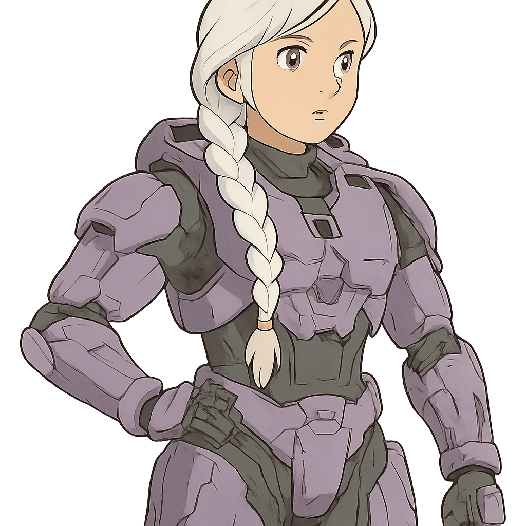 female, wearing reach spartan armor default, long white braid hair, gold yellow eyes, attention pose, halo series, no helmet, the armor is lavender color scheme and has no shoulder pad attachments emoji