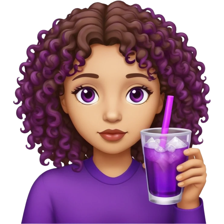 Lightskin with curly brown hair and brown eyes drinking purple drink with ice emoji