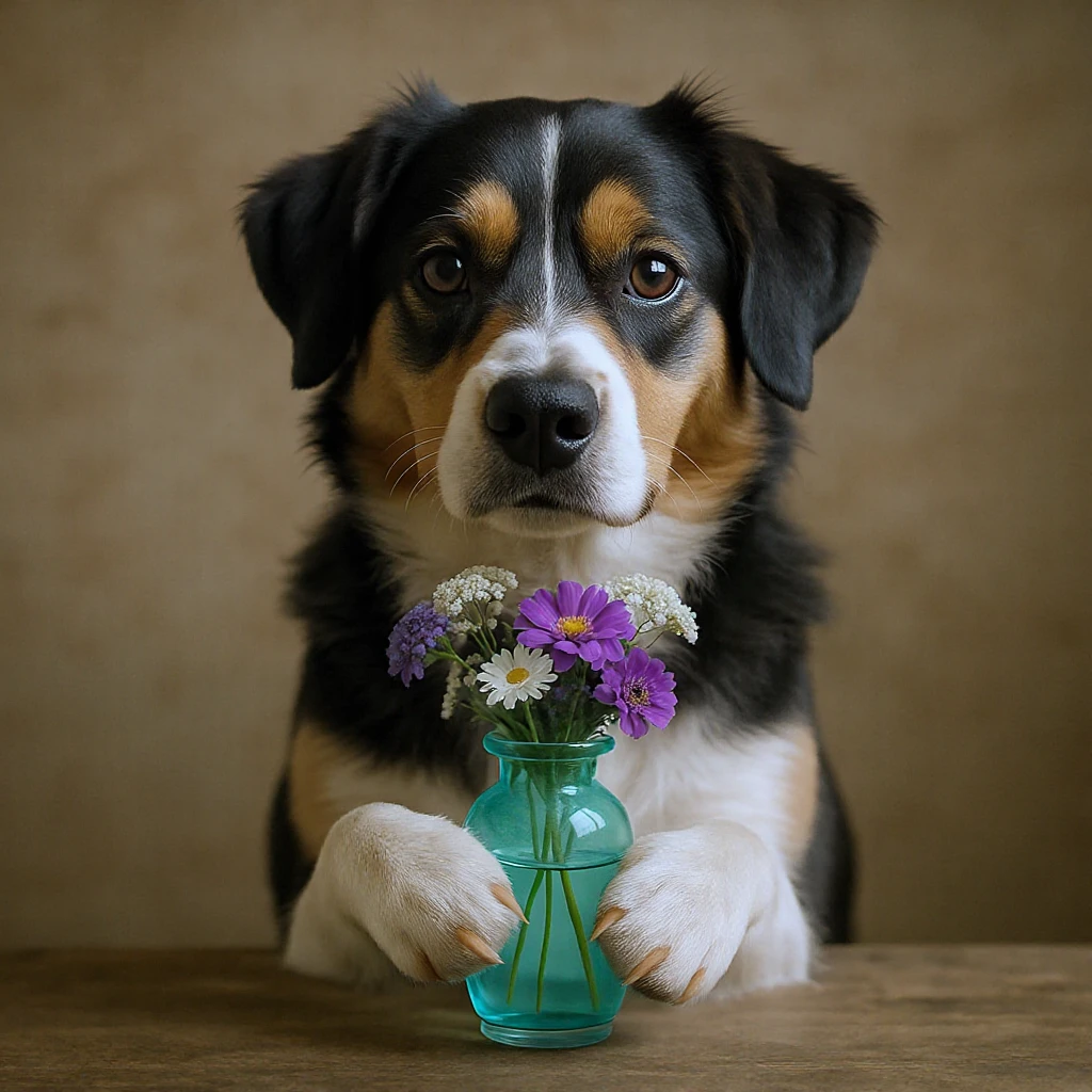 A dog holding a vase with flowers emoji