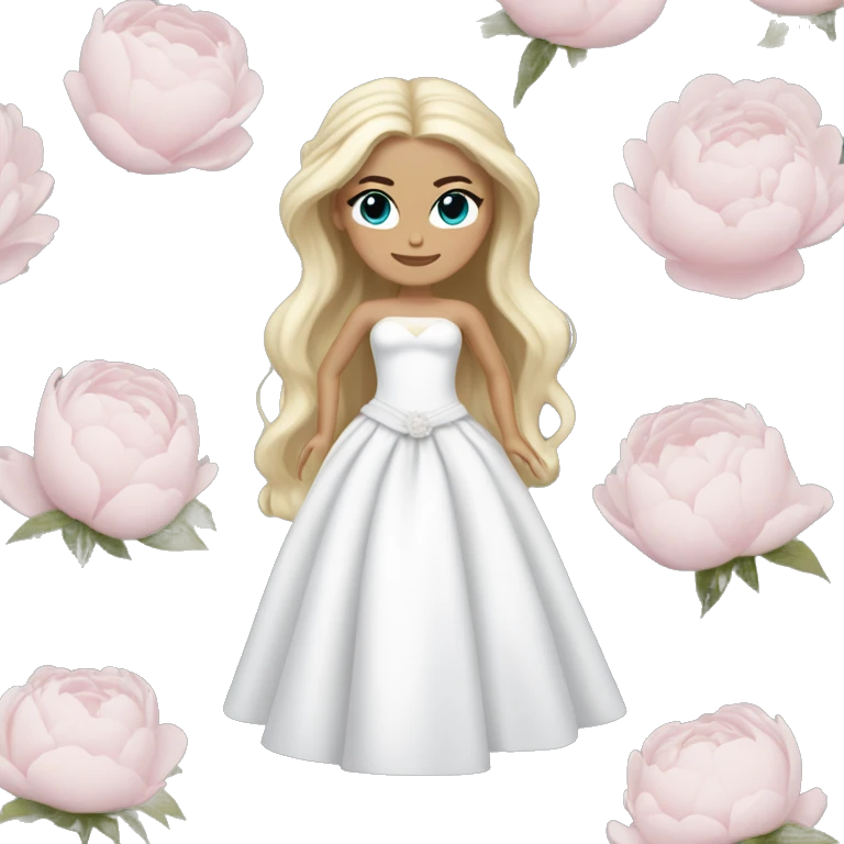 White bride with long light blonde hair and blue eyes with light pink peonies in hair white skin  emoji