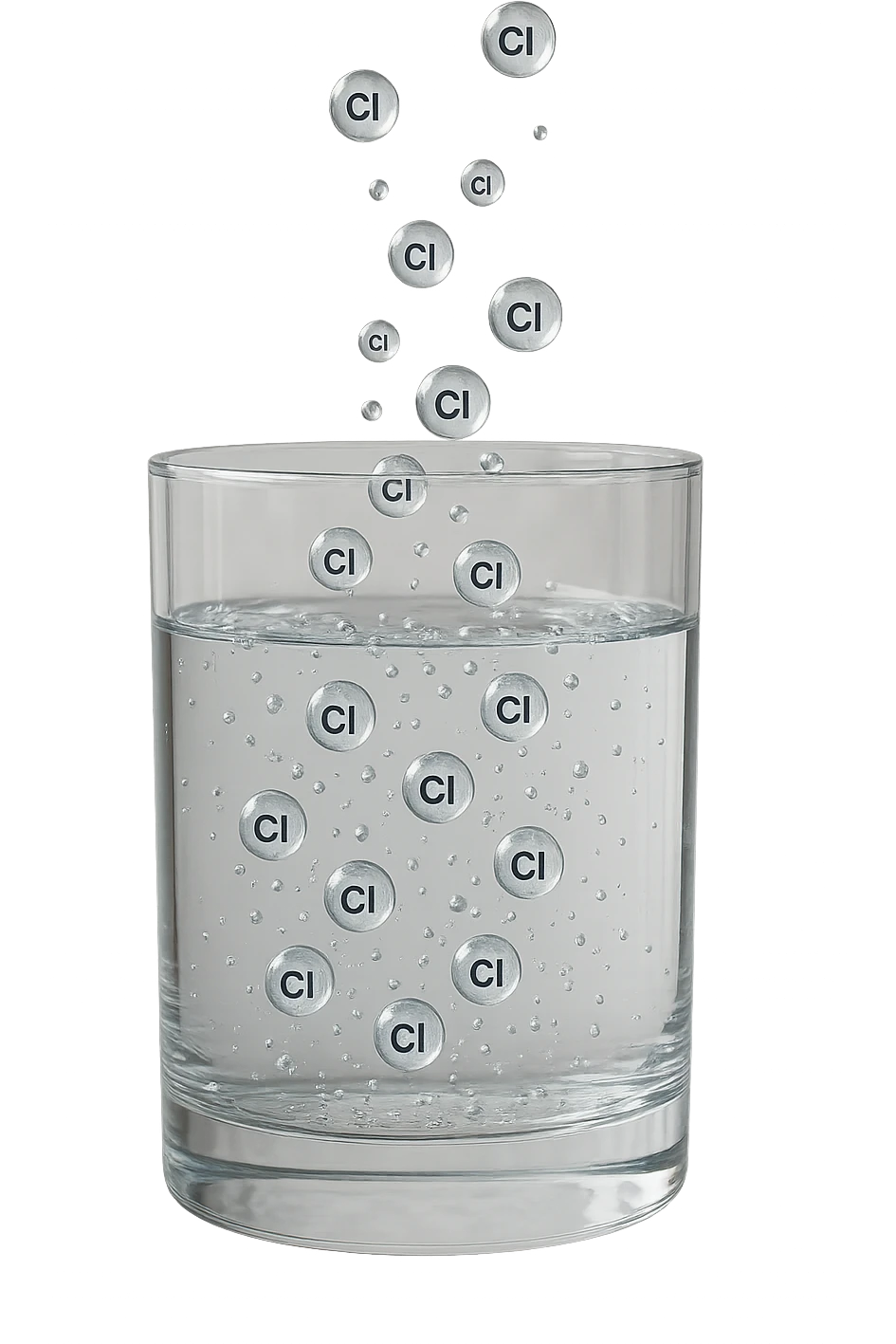 un bicchiere di acqua fluttua in aria realistico e dettagliato, dentro l'acqua del bicchiere ci sono particelle di cloro ben visibili con la scritta "Cl" sopra, ci sono particelle anche che escono dal bicchiere e fluttuano in aria verticalmente, mentre alcune sono all'interno dell'acqua nel bicchiere, iperrealistico 4k emoji
