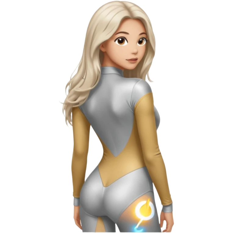 woman with light long hair in silver long-sleeve bodysuitlooking at the camera from back with sexy pose emoji