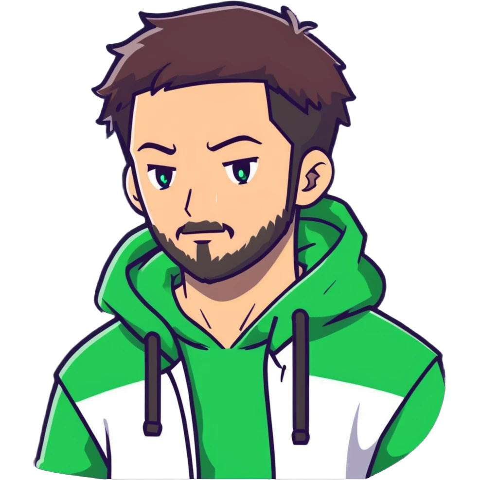 anime style man with short full beard, dark brown undercut hairstyle, white hoodie, and green eyes emoji
