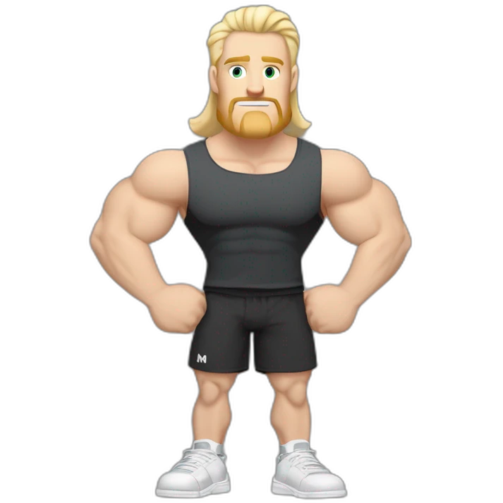 Full height Pale skinned fit man With Wide jaw, biceps and blonde hair In dark gray sleeveless mike, black oversize sports shorts, watch and white sneakers. his arms crossed over his chest emoji