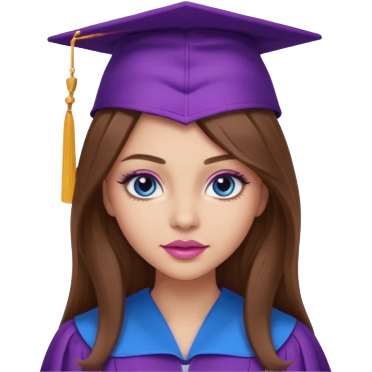 girl with gorgeous long brown hair, blue eyes, long lashes makeup, sexy pink lips, wearing a purple graduation cap and gown emoji