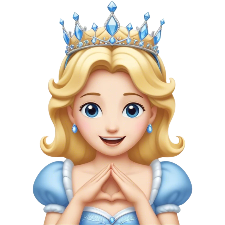 Cinematic Playful Cinderella Portrait Emoji, Blushing with excitement, hands clasped near her heart, eyes wide with anticipation, her tiara slightly askew from an unexpected twirl, a radiant princess caught in a moment of joy, utterly captivating! emoji