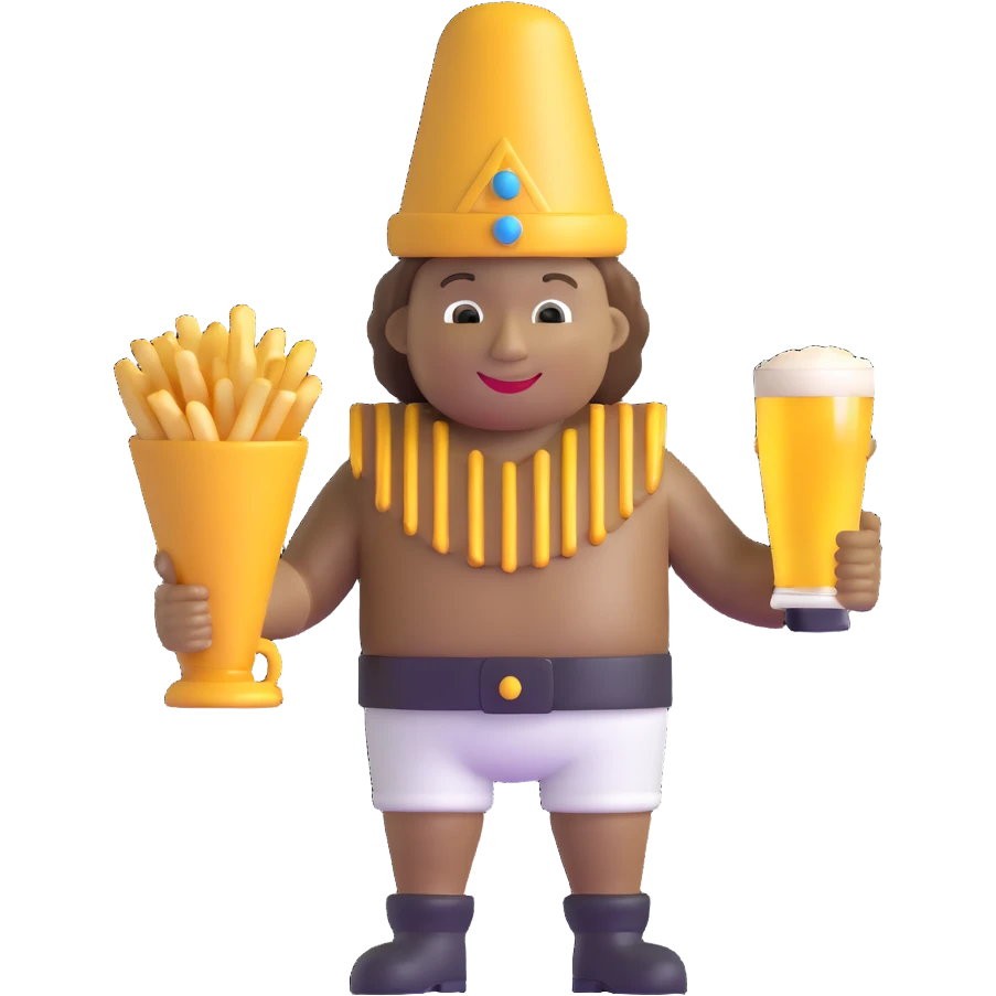 Manneken Pis statue with golden beer mug in one hand, large cone of fries in the other, cheerful emoji
