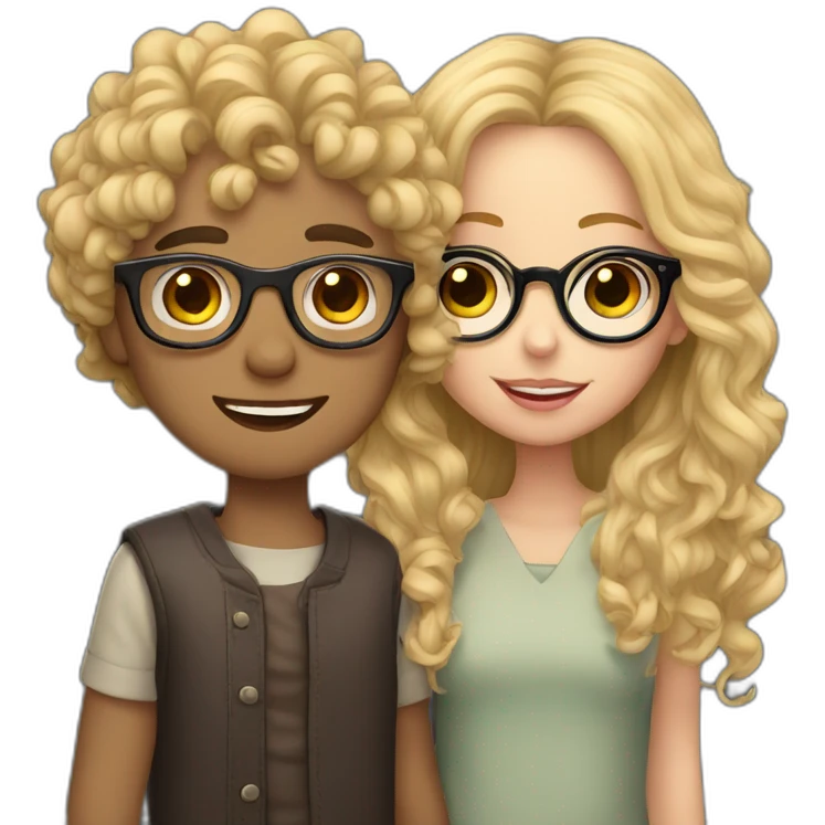Boy curly blonde hair and glasses kissing girl wavy black hair and glasses emoji