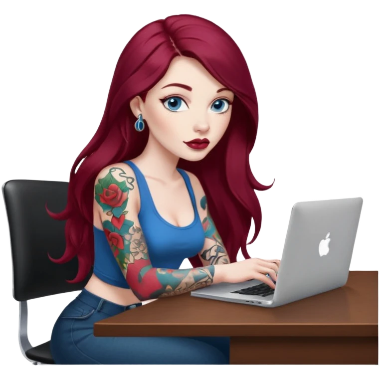 Realistic Macbook pro, side view of female, long burgundy hair, pale skin, big lips, blue eyes with tattoos, graphic designer, sitting at work desk with MacBook open, still view emoji