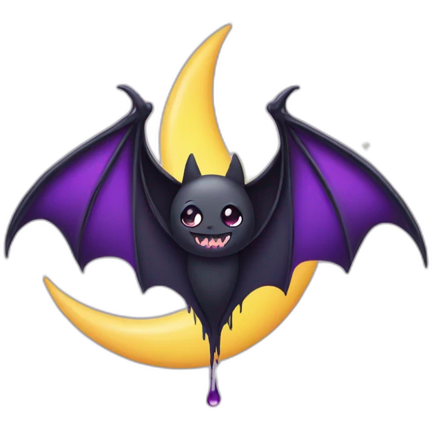 purple black vampire bat wings flying in front of large dripping grey crescent moon emoji