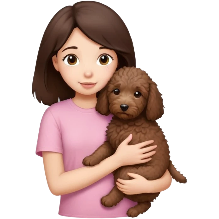 One girl with medium long dark brown hair dressing baby pink T-shirt, hugging One little brown coated labradoodle. emoji