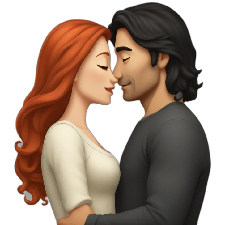 man with long black hair and no beard kissing with shorter long red-hair woman emoji