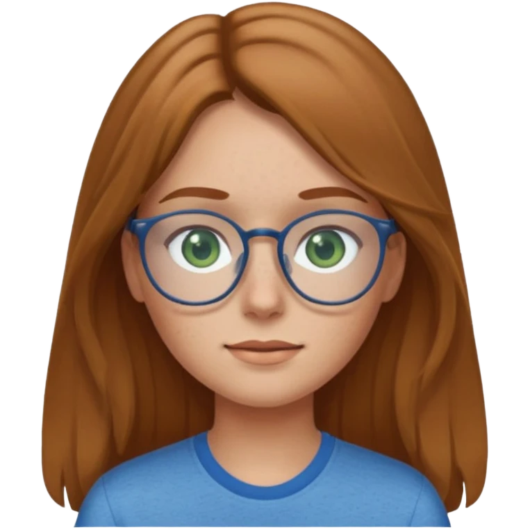 Create an emoji of a girl with light brown hair long length hair, green eyes, freckles, glasses and wearing a blue shirt emoji
