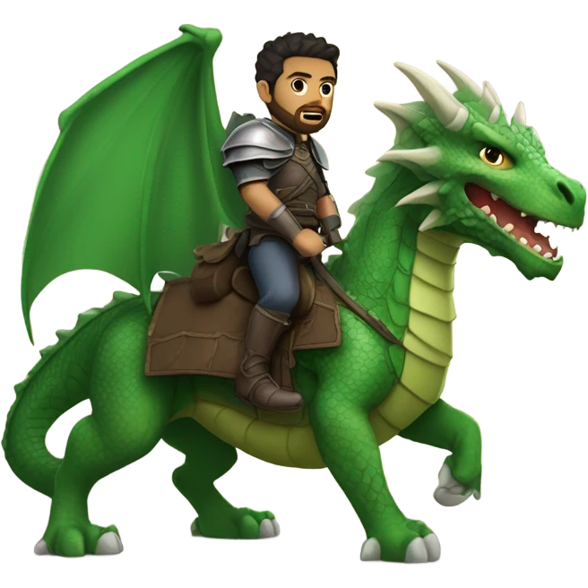 Determined armored White Man with dark brown pompadour hair and a short beard riding on the back of a giant green dragon emoji