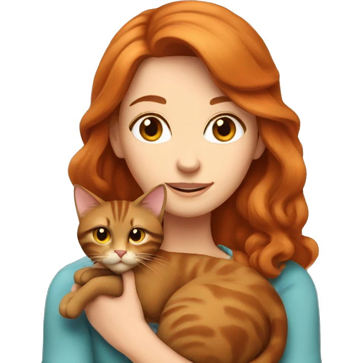 Red haired woman holding 1 big tailed brown cat with big emoji
