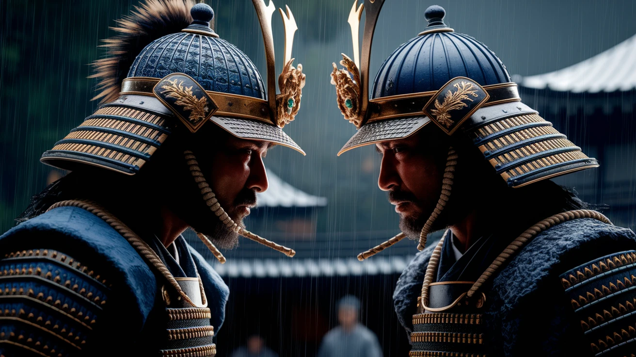 A cinematic scane of a two japan samurai face to face ready to fight during rain, Medium shot, deph composition, tense atmosphere, shot by arri alexa emoji