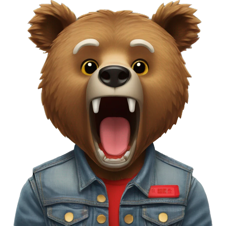 grizzly bear wearing sleeveless jean jacket and red headband with open mouth emoji