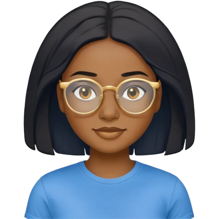 a young black woman with medium deep skin, 4c hair, black hair, golden glasses, a blue t-shirt, no make up, black eyes, small closed-mouth smile, medium close-up position. emoji
