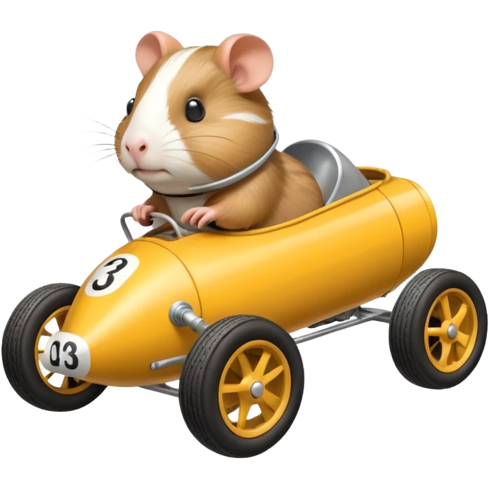 Special air-cooled three-cylinder race car whose frame and suspension is made of shopping cart material with a large rear-mounted gas tank, and rear spoiler, is being piloted by a small Guinea pig emoji
