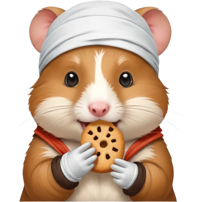 A cheerful hamster patient with head bandage, nibbling a treat for comfort.
 emoji