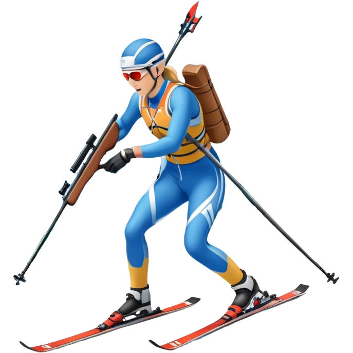 An icon featuring a biathlete in motion, holding a rifle and skiing across a snowy course. The backdrop includes snow-covered trees, distant mountains, and a clear blue sky. Transparent background highlights the precision, endurance, and excitement of biathlon. emoji
