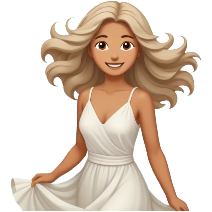 A woman in a flowing dress by the ocean, wind in her hair, a serene and confident smile. emoji