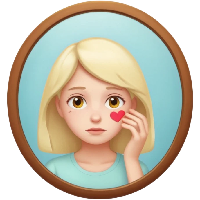 thoughtful tired woman looking in the mirror, gentle pastel tones, soft lighting, emoji style, symbolizes fatigue not ageing без кружка  emoji