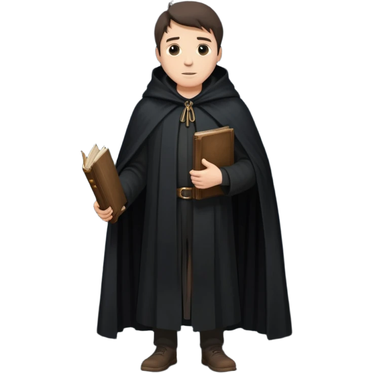 A wandering philosopher in a long black cloak with a book full height emoji
