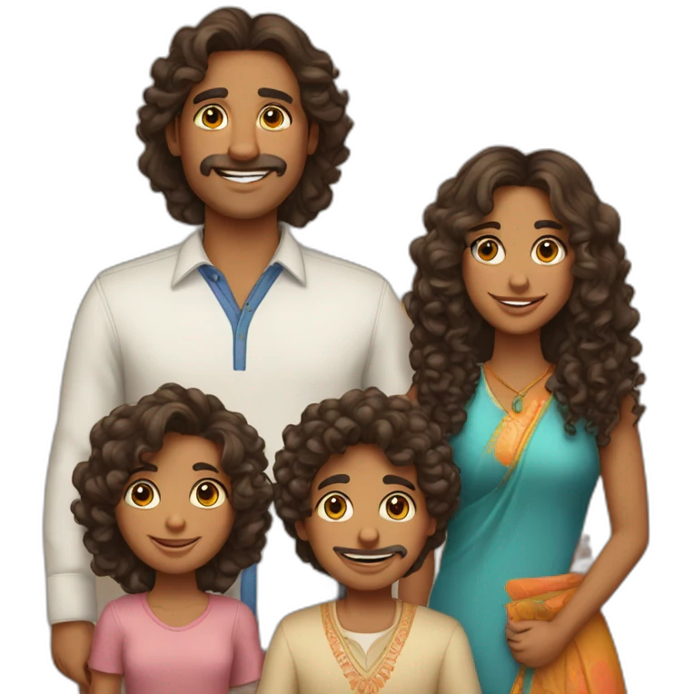 indian family with one daughter curly hair mom curly hair dad straight hair and one son straight hair emoji