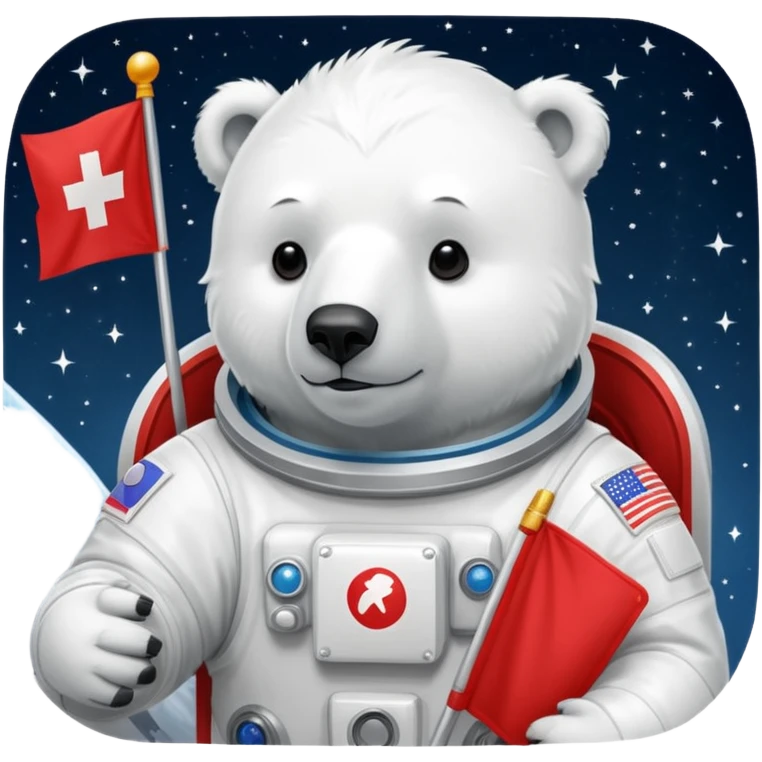 Polar bear in space suit, holding red rectangle flag emoji