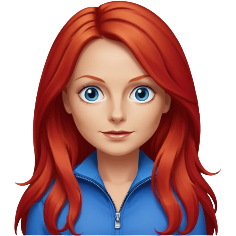 Geri Halliwell with red long hair, blue eyes, red outfit emoji