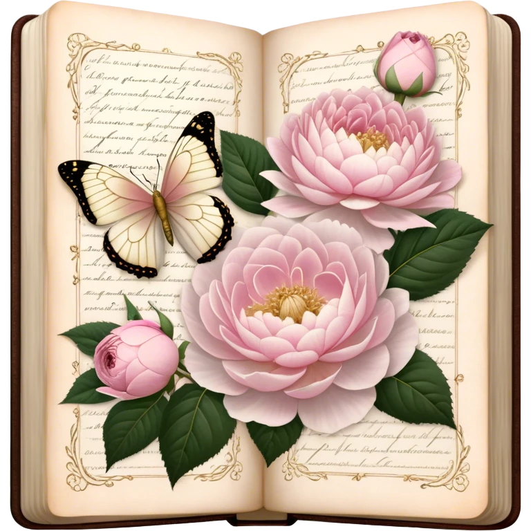 An aged botanical journal, its golden-edged pages filled with delicate pressed pink roses, white peonies, and blush dahlias, as a pearl butterfly delicately rests on the handwritten notes.
 emoji