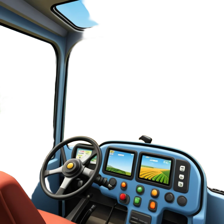 a view from the tractor cabin, with the dashboard in focus, overlooking a vibrant rural landscape. Inspired by Farming Simulator 22, the scene includes fields, crops, and distant barns under a bright sky. The design highlights the immersive experience of farm management. transparent background emoji