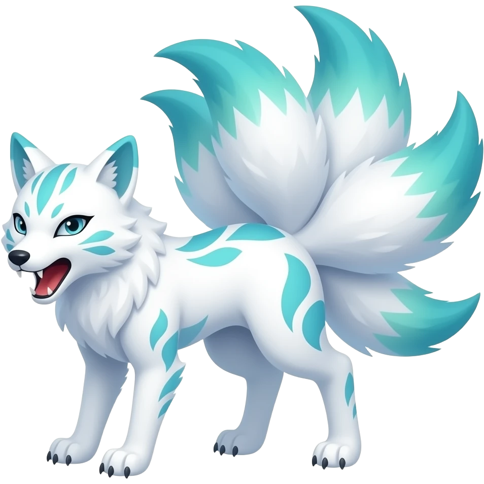 White with patterns blue green ombre tips and paws kitsune nine tails growling emoji